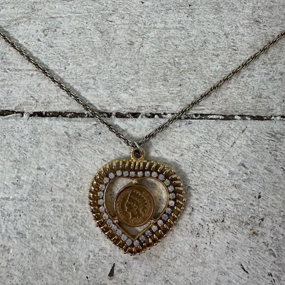 Vintage Indian Head Coin With Heart Rhinestone Setting - Picture 2 of 7
